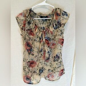 Ana Floral 1/4 Button Cap Sleeve Sheer Blouse Women’s Size S Whimsical